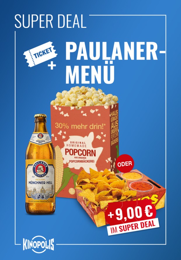 Super Deal Paulaner Menü <br>(Ticket + 0,5l Paulaner Flasche + gr. Popcorn oder 2er Nachos) Super Deal Paulaner Menü <br>(Ticket + 0,5l Paulaner Flasche + gr. Popcorn oder 2er Nachos)